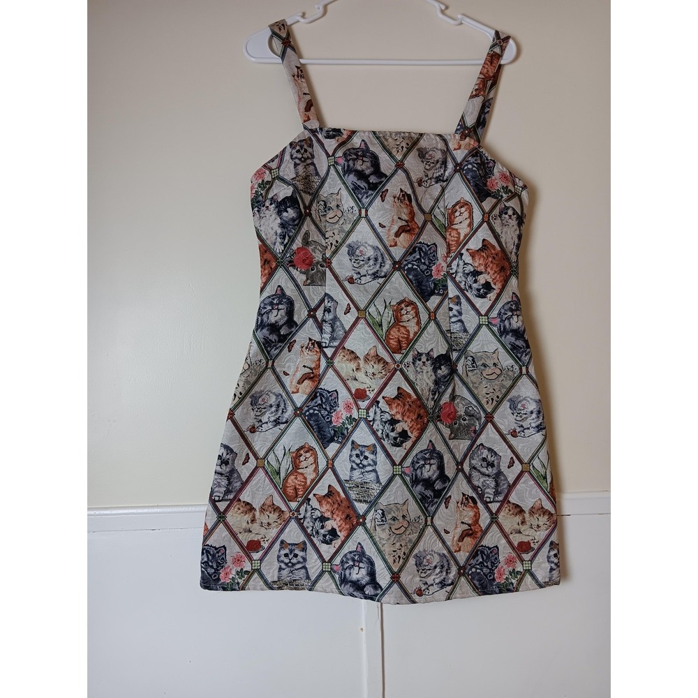 SHEIN MOD Dress Womens L Multicolor Cat Print Jacquard A-Line Sundress Mini
